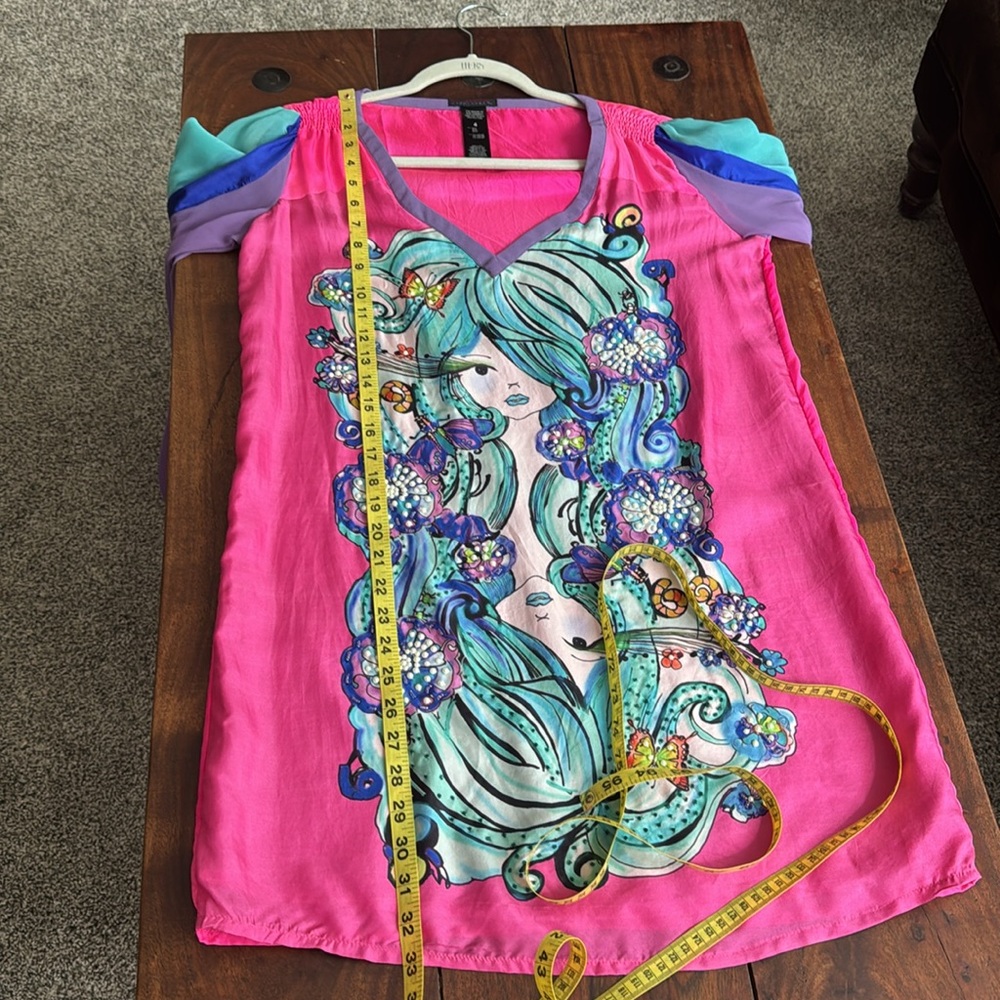 Custo Barcelona Pink Bishop Sleeve V-Neck Dress Silk Beaded Shift Dress - Picture 7 of 10